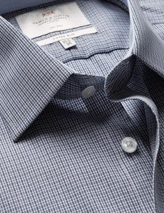 Fitted Slim Navy & White Small Check Non-Iron Shirt - Contrast Detail