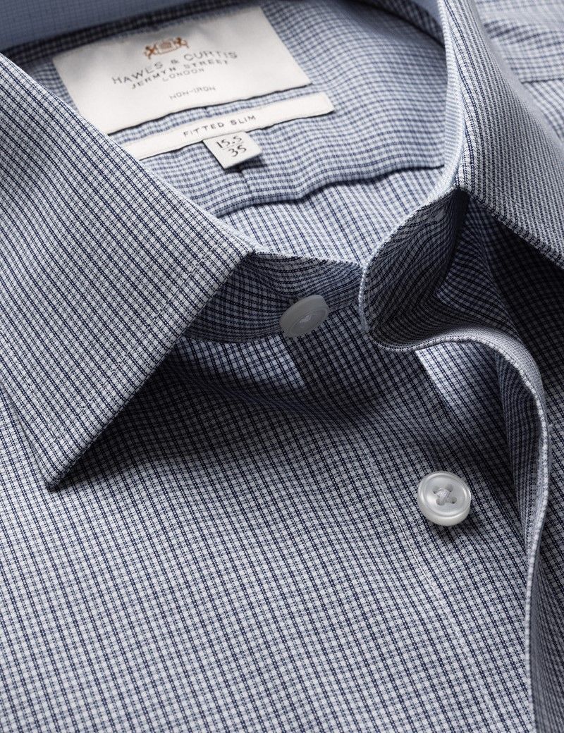 Fitted Slim Navy & White Small Check Non-Iron Shirt - Contrast Detail