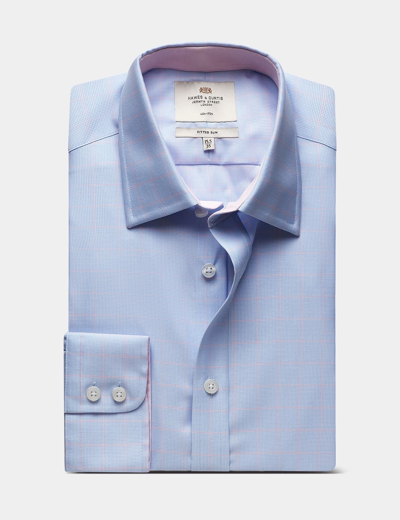 Fitted Slim Blue & Pink Check Non-Iron Shirt - Contrast Detail-preview