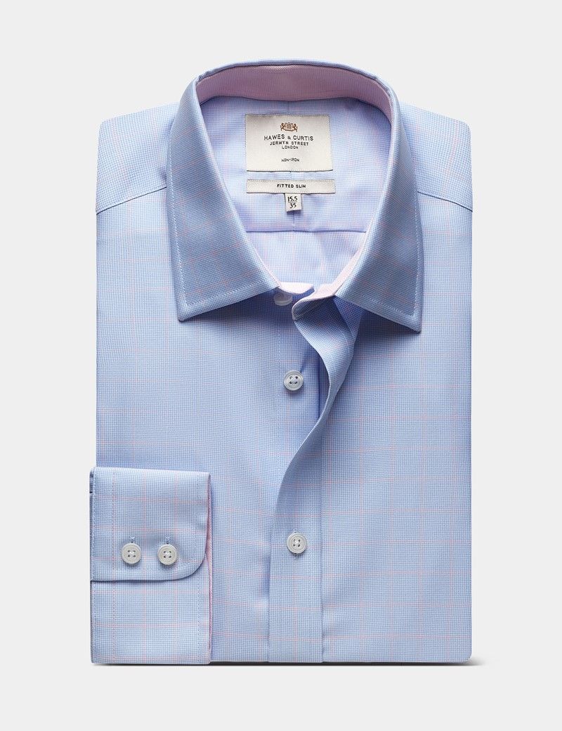 Fitted Slim Blue & Pink Check Non-Iron Shirt - Contrast Detail-preview