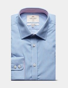 Fitted Slim Blue & White Gingham Check Non-Iron Shirt - Contrast Detail