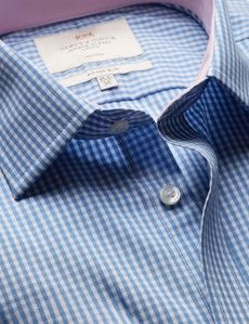 Fitted Slim Blue & White Gingham Check Non-Iron Shirt - Contrast Detail