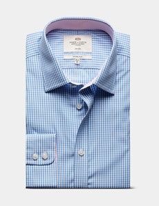 Fitted Slim Blue & White Gingham Check Non-Iron Shirt - Contrast Detail
