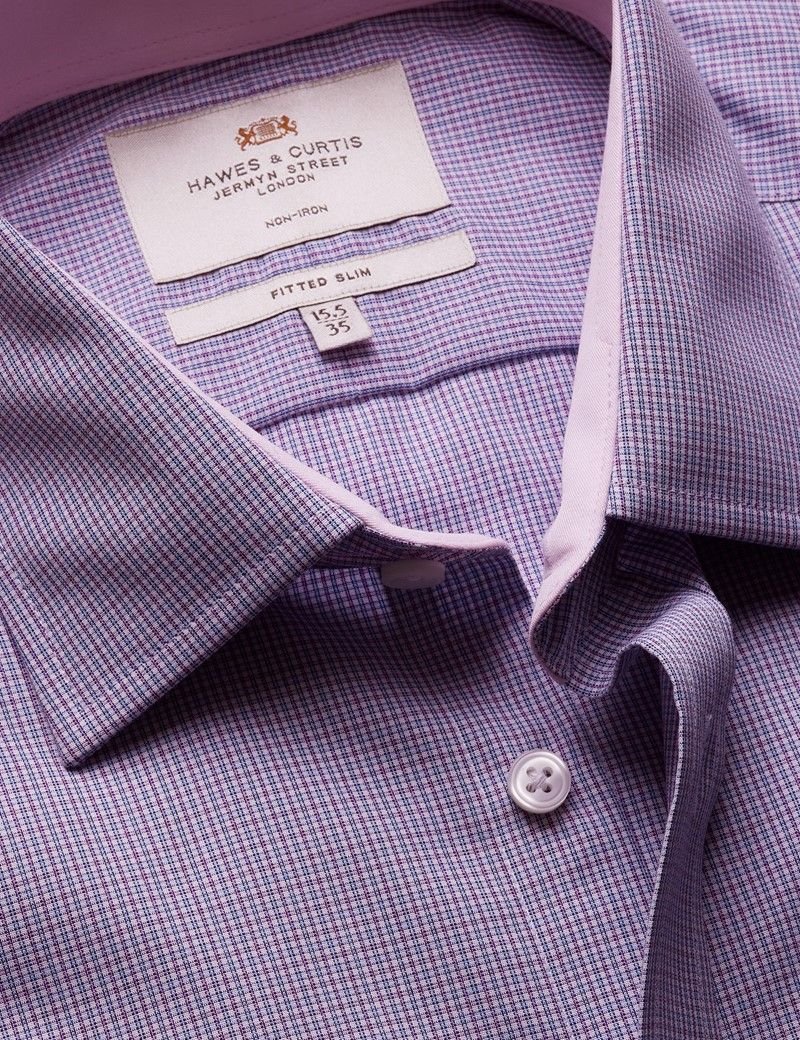 Fitted Slim Blue & Purple Check Non-Iron Shirt - Contrast Detail