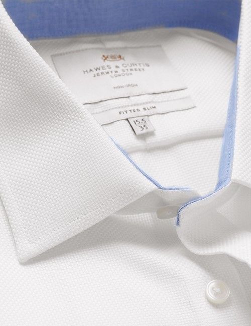 Non-Iron White Textured Weave Fitted Slim Shirt - Contrast Detail