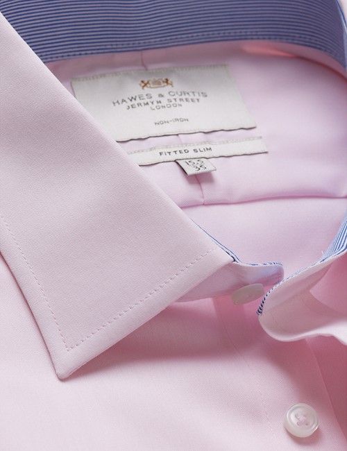 Non-Iron Pink Twill Fitted Slim Shirt - Contrast Detail