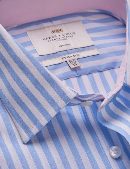 Non-Iron Blue & White Bold Stripe Fitted Slim Shirt - Contrast Detail-preview