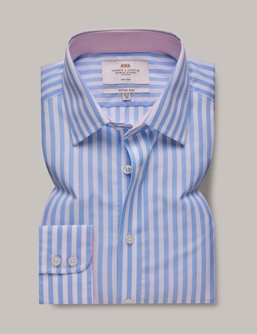 Non-Iron Blue & White Bold Stripe Fitted Slim Shirt - Contrast Detail