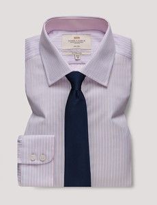 Non-Iron Pink & Blue Stripe Fitted Slim Shirt - Contrast Detail