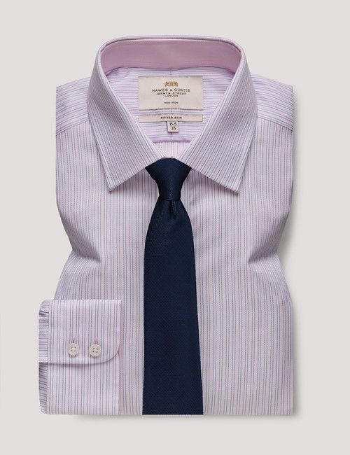 Non-Iron Pink & Blue Stripe Fitted Slim Shirt - Contrast Detail