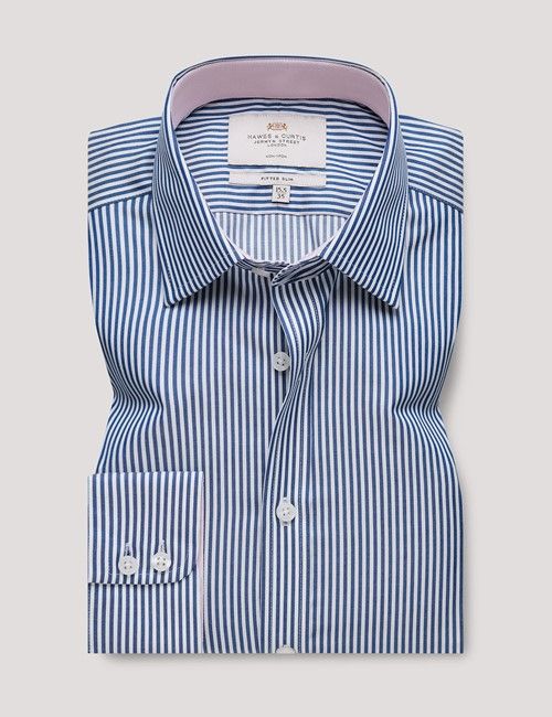 Non-Iron Navy & White Bengal Stripe Fitted Slim Shirt - Contrast Detail-preview