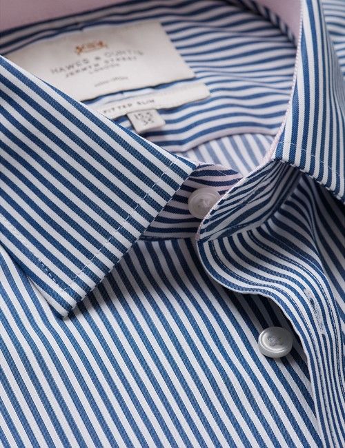 Non-Iron Navy & White Bengal Stripe Fitted Slim Shirt - Contrast Detail