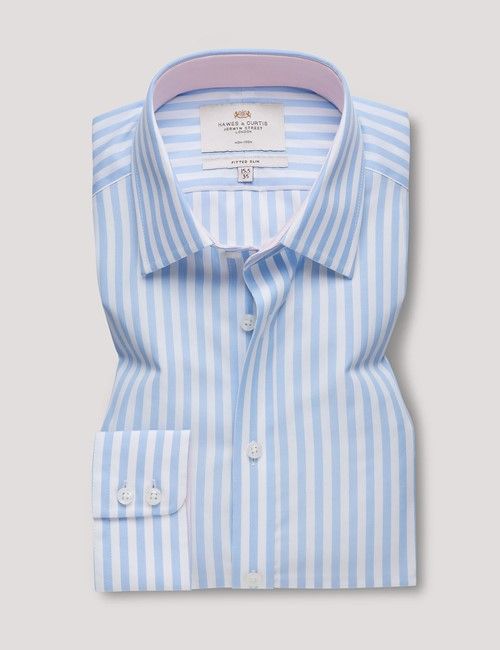 Non-Iron Blue & White Bold Stripe Fitted Slim Shirt - Contrast Detail-preview