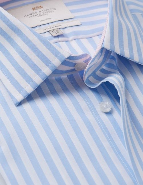 Non-Iron Blue & White Bold Stripe Fitted Slim Shirt - Contrast Detail