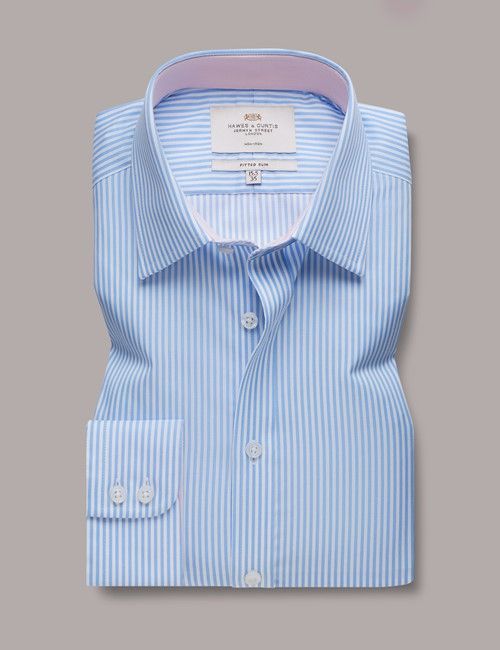 Non-Iron Blue & White Bengal Stripe Fitted Slim Shirt - Contrast Detail-preview