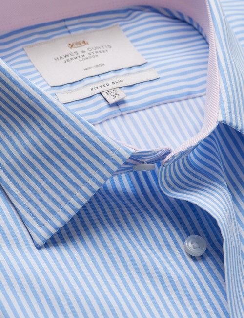 Non-Iron Blue & White Bengal Stripe Fitted Slim Shirt - Contrast Detail