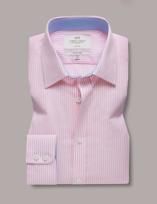 Non-Iron Pink & White Bengal Stripe Fitted Slim Fit Shirt - Contrast Detail-preview
