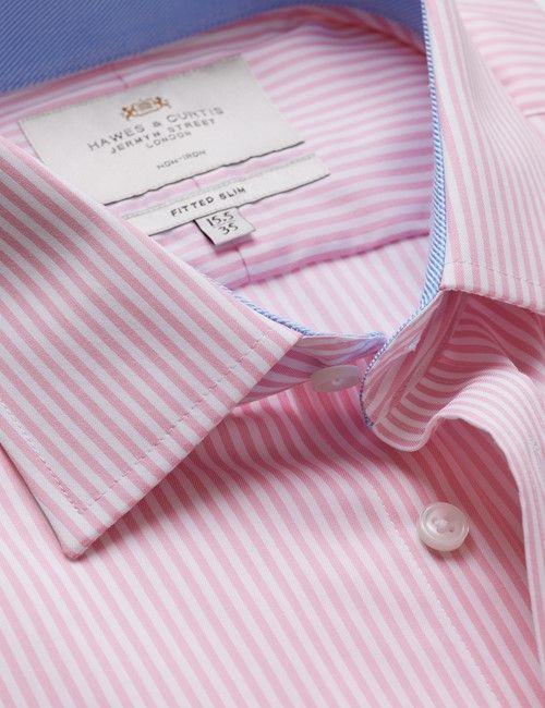 Non-Iron Pink & White Bengal Stripe Fitted Slim Fit Shirt - Contrast Detail