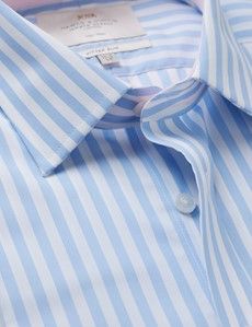 Fitted Slim Blue & White Bold Stripe Non-Iron Shirt - Contrast Detail