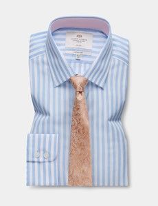 Fitted Slim Blue & White Bold Stripe Non-Iron Shirt - Contrast Detail