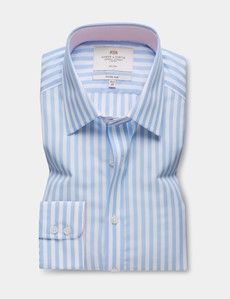 Fitted Slim Blue & White Bold Stripe Non-Iron Shirt - Contrast Detail