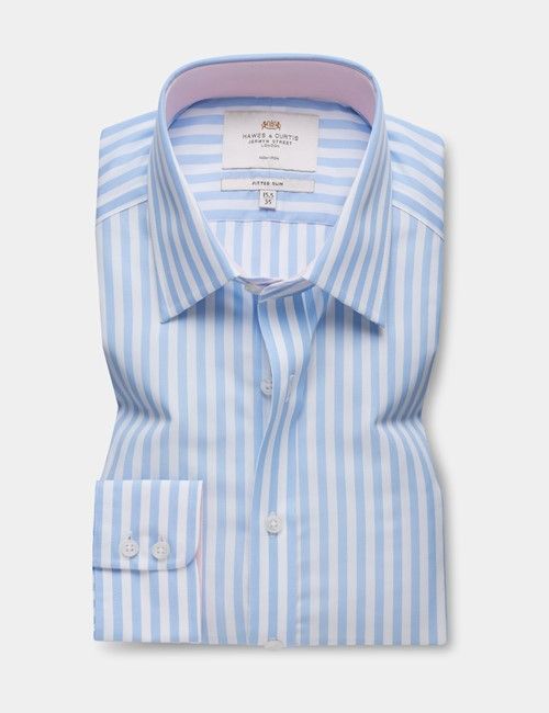 Non-Iron Blue & White Bold Stripe Fitted Slim Shirt - Contrast Detail-preview