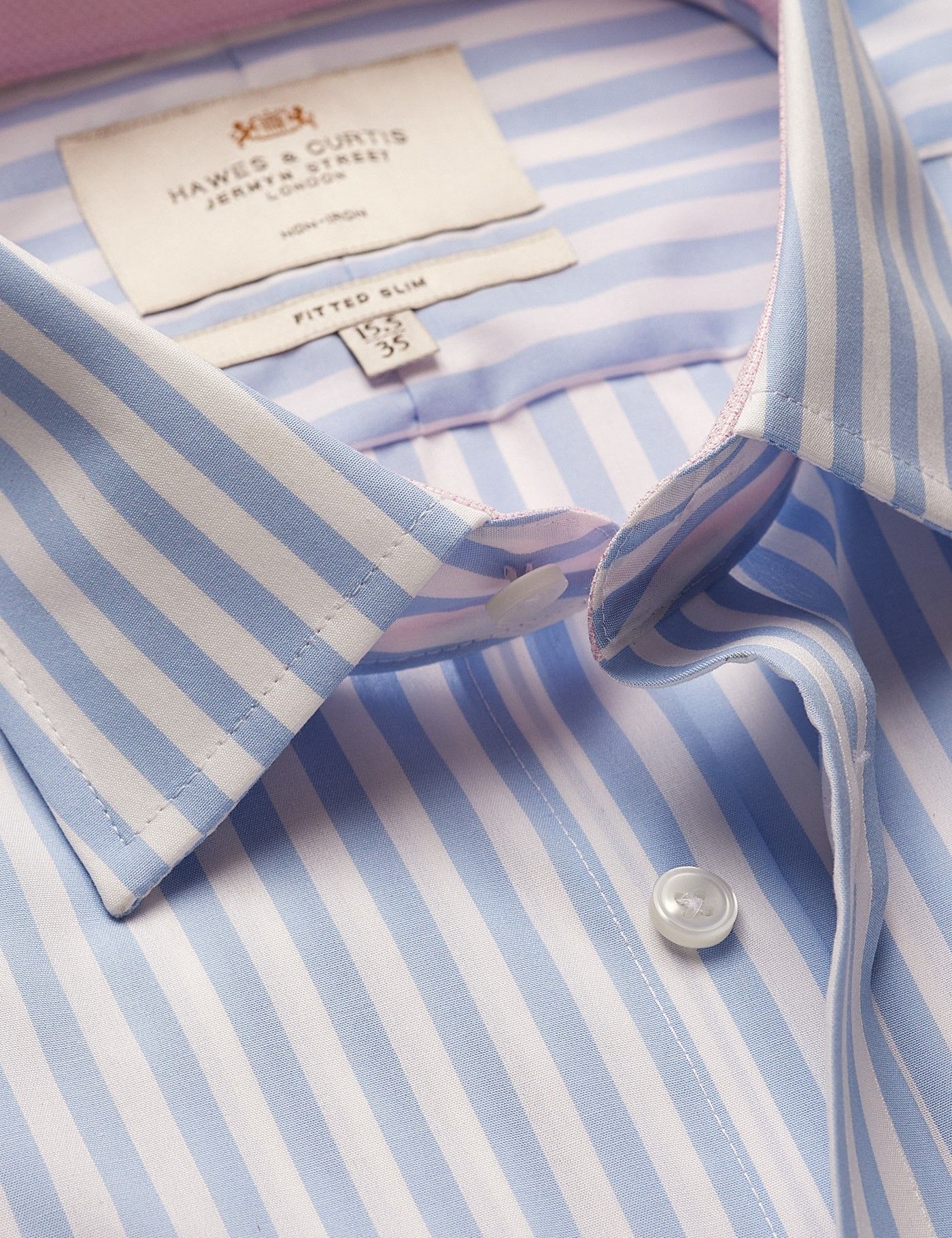 Fitted Slim Blue & White Bold Stripe Non-Iron Shirt - Contrast Detail