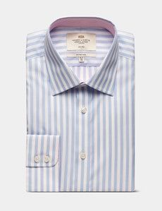 Fitted Slim Blue & White Bold Stripe Non-Iron Shirt - Contrast Detail