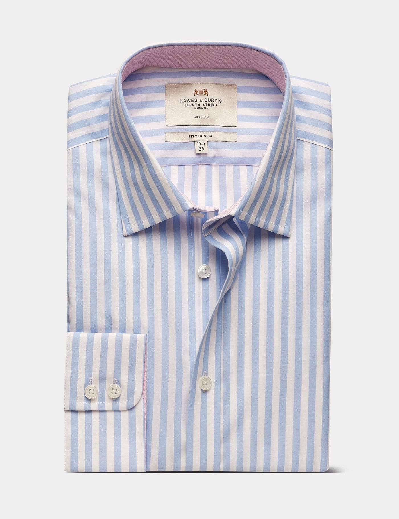 Fitted Slim Blue & White Bold Stripe Non-Iron Shirt - Contrast Detail-preview