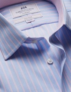 Fitted Slim Blue & Pink Butcher Stripe Non-Iron Shirt - Contrast Detail