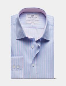 Fitted Slim Blue & Pink Butcher Stripe Non-Iron Shirt - Contrast Detail