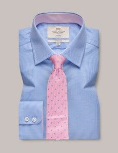 Fitted Slim Blue & White Textured Weave Non-Iron Shirt - Contrast Detail