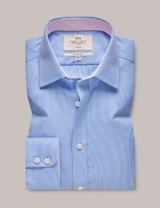 Fitted Slim Blue & White Textured Weave Non-Iron Shirt - Contrast Detail
