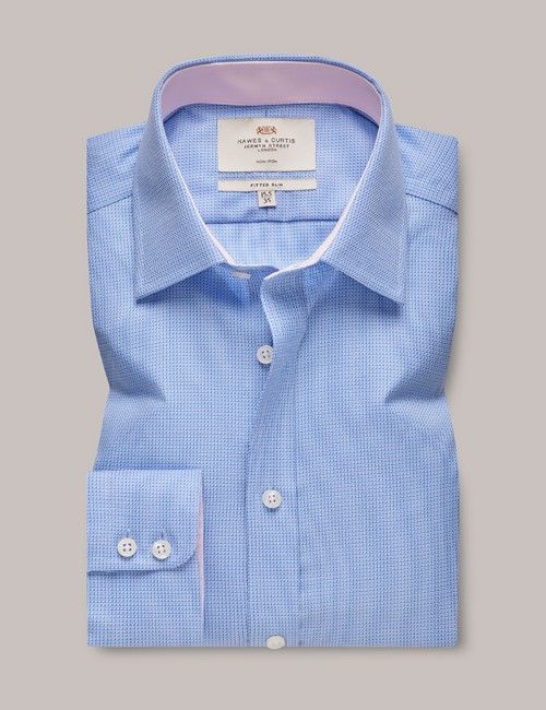 Non-Iron Blue & White Textured Weave Fitted Slim Shirt - Contrast Detail-preview