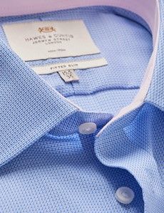 Fitted Slim Blue & White Textured Weave Non-Iron Shirt - Contrast Detail