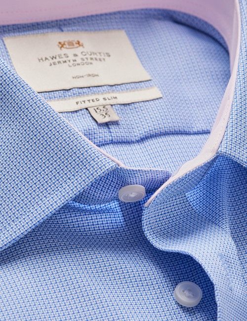 Non-Iron Blue & White Textured Weave Fitted Slim Shirt - Contrast Detail