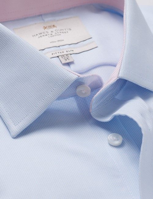 Non-Iron Blue & White Pick and Pick Fitted Slim Shirt - Contrast Detail