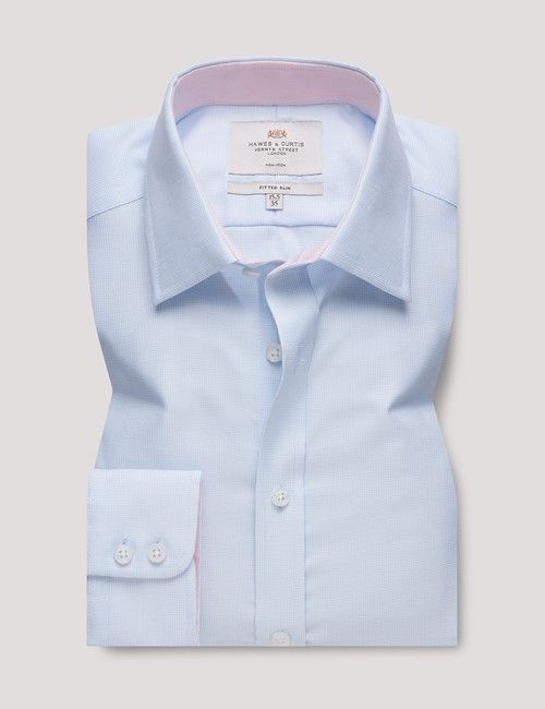 Non-Iron Blue & White Pick and Pick Fitted Slim Shirt - Contrast Detail-preview