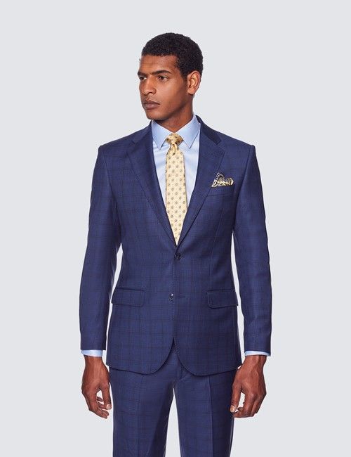 Men's Navy Windowpane Check Tailored Fit Suit Jacket - 1913 Collection
