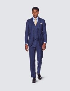 Men's Navy Windowpane Check Tailored Fit 3 Piece Suit - 1913 Collection