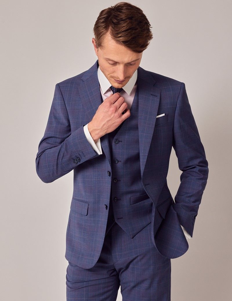 Men's Blue & Pink Contrast Prince Of Wales Check Tailored Fit 3 Piece ...