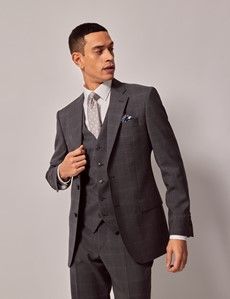 Dark Grey Plaid Italian Wool 3 Piece Tailored Fit Suit - 1913 Collection-preview2