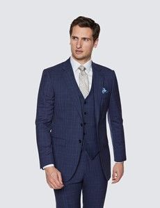 100% Wool Prince of Wales Check Men's 3 Piece Slim Fit Suit in Navy ...