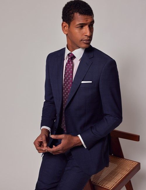 Men's Navy & Red Prince of Wales Check Slim Suit Trousers