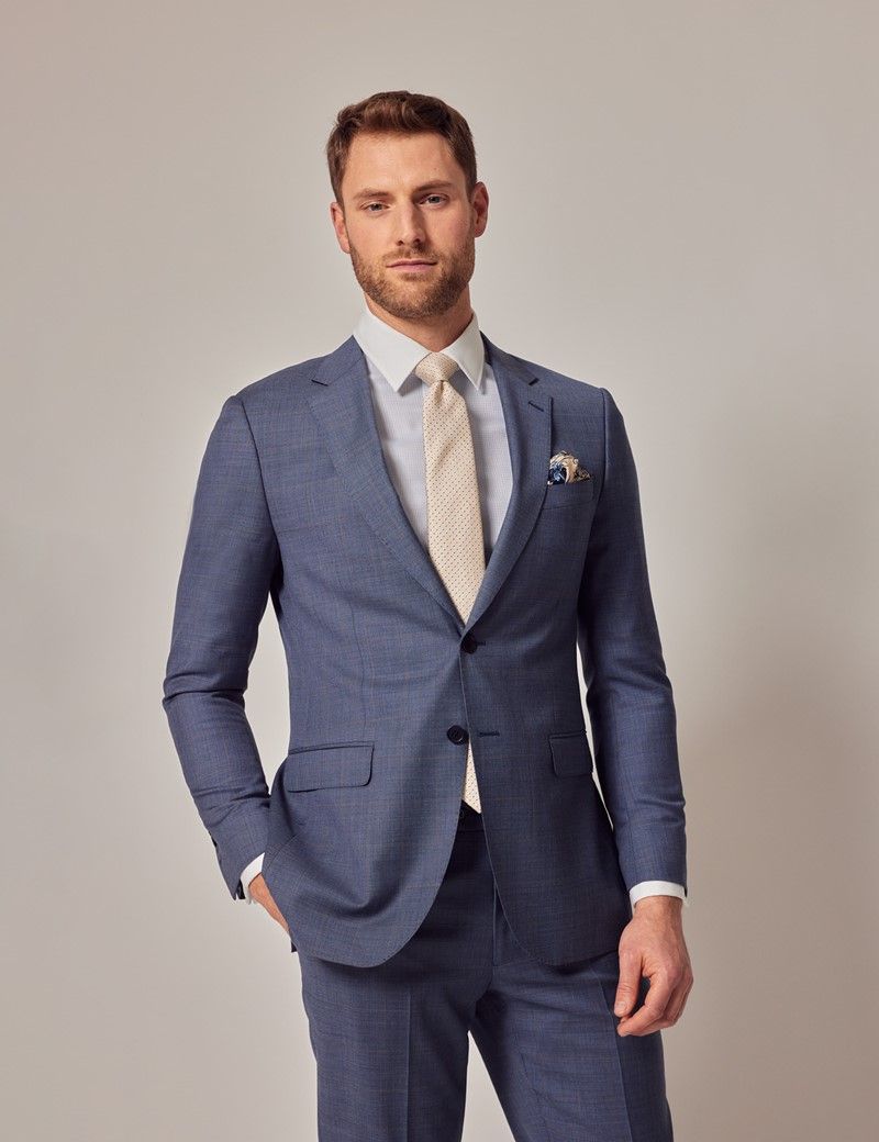 Blue & Brown Windowpane Check 2 Piece Slim Suit | Hawes & Curtis