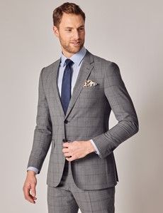 Men's Grey Prince of Wales Plaid Slim 3 Piece Suit