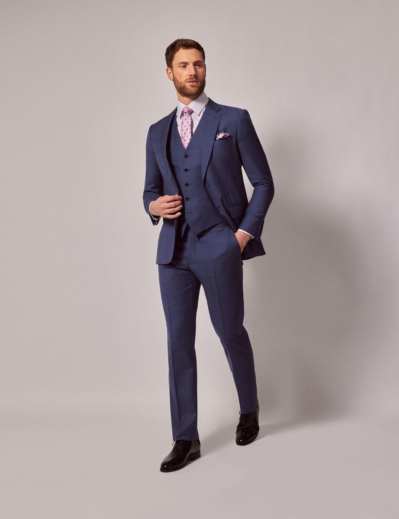 Men's Blue & Brown Windowpane Check 3 Piece Slim Suit | Hawes & Curtis