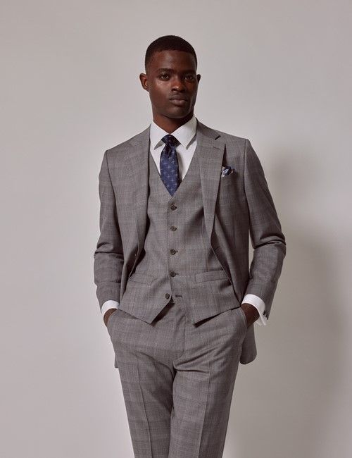 Mid Grey Plaid 3 Piece Tailored Italian Suit - 1913 Collection-preview