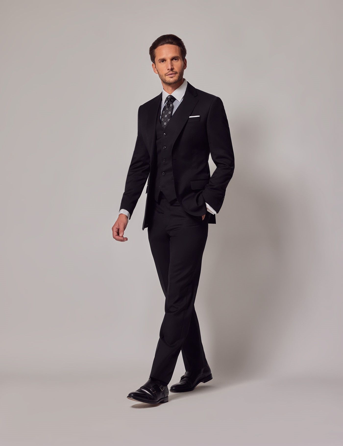 Men s Black Twill Weave 3 Piece Italian Tailored Suit 1913 Collection Hawes Curtis