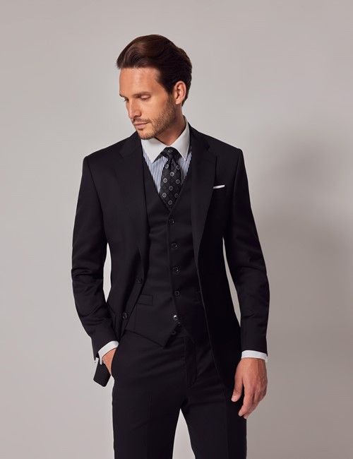 Black Twill Weave 3 Piece Italian Tailored Suit - 1913 Collection